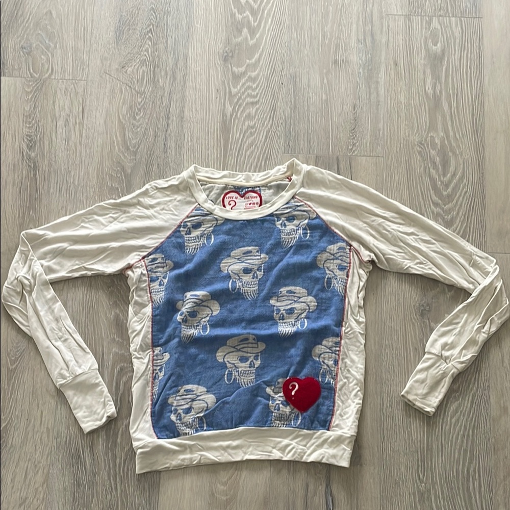 Blue and Cream Long Sleeve Tee with Cloud Pattern
